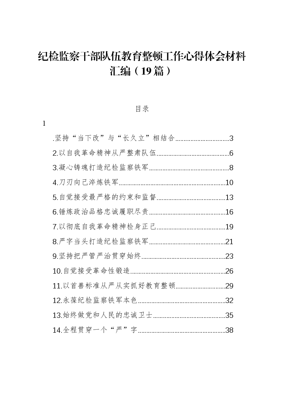 （19篇）纪检监察干部队伍教育整顿工作心得体会材料汇编.docx，第1页预览