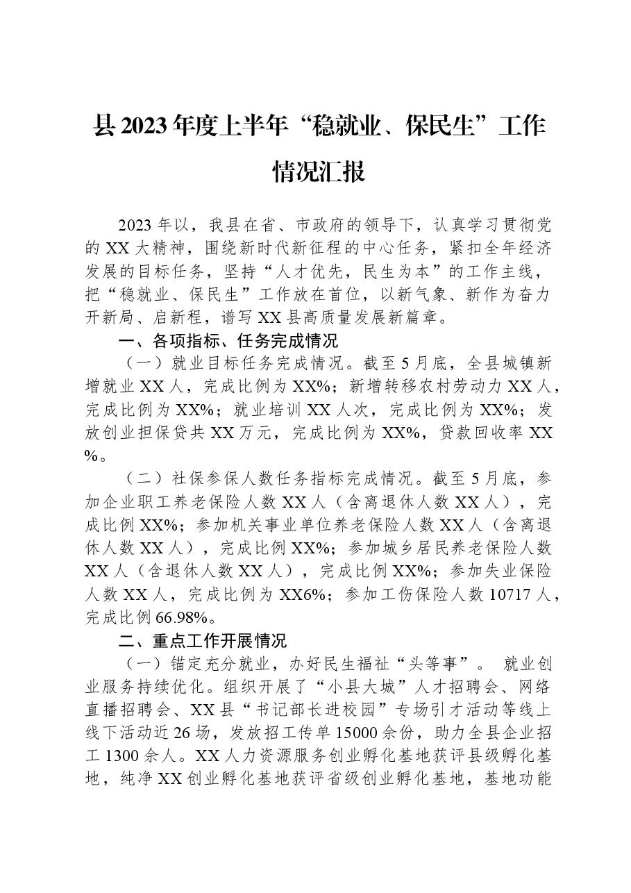 县2023年度上半年“稳就业、保民生”工作情况汇报.docx,第1页预览