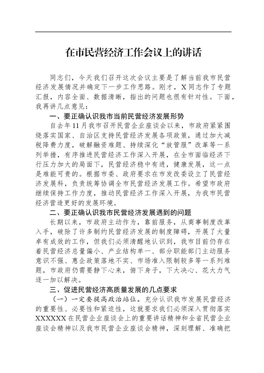 在市民营经济工作会议上的讲话.docx,第1页预览