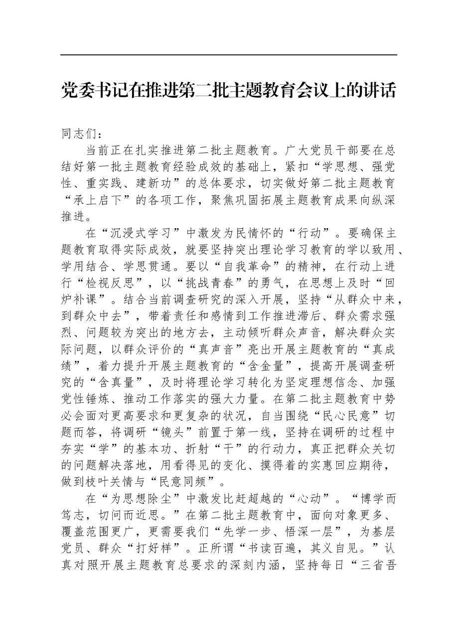 党委书记在推进第二批主题教育会议上的讲话.docx,第1页预览