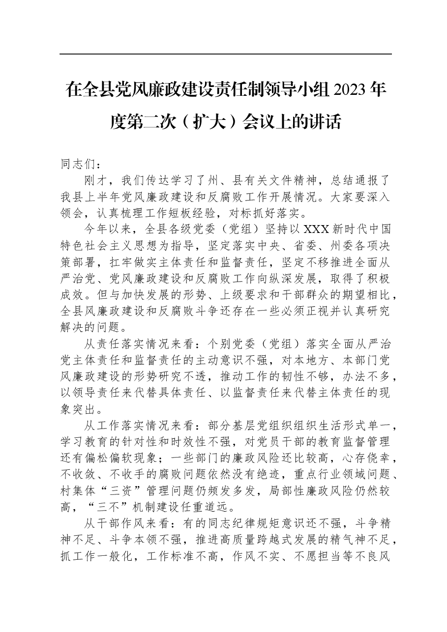 在全县党风廉政建设责任制领导小组2023年度第二次（扩大）会议上的讲话.docx，第1页预览