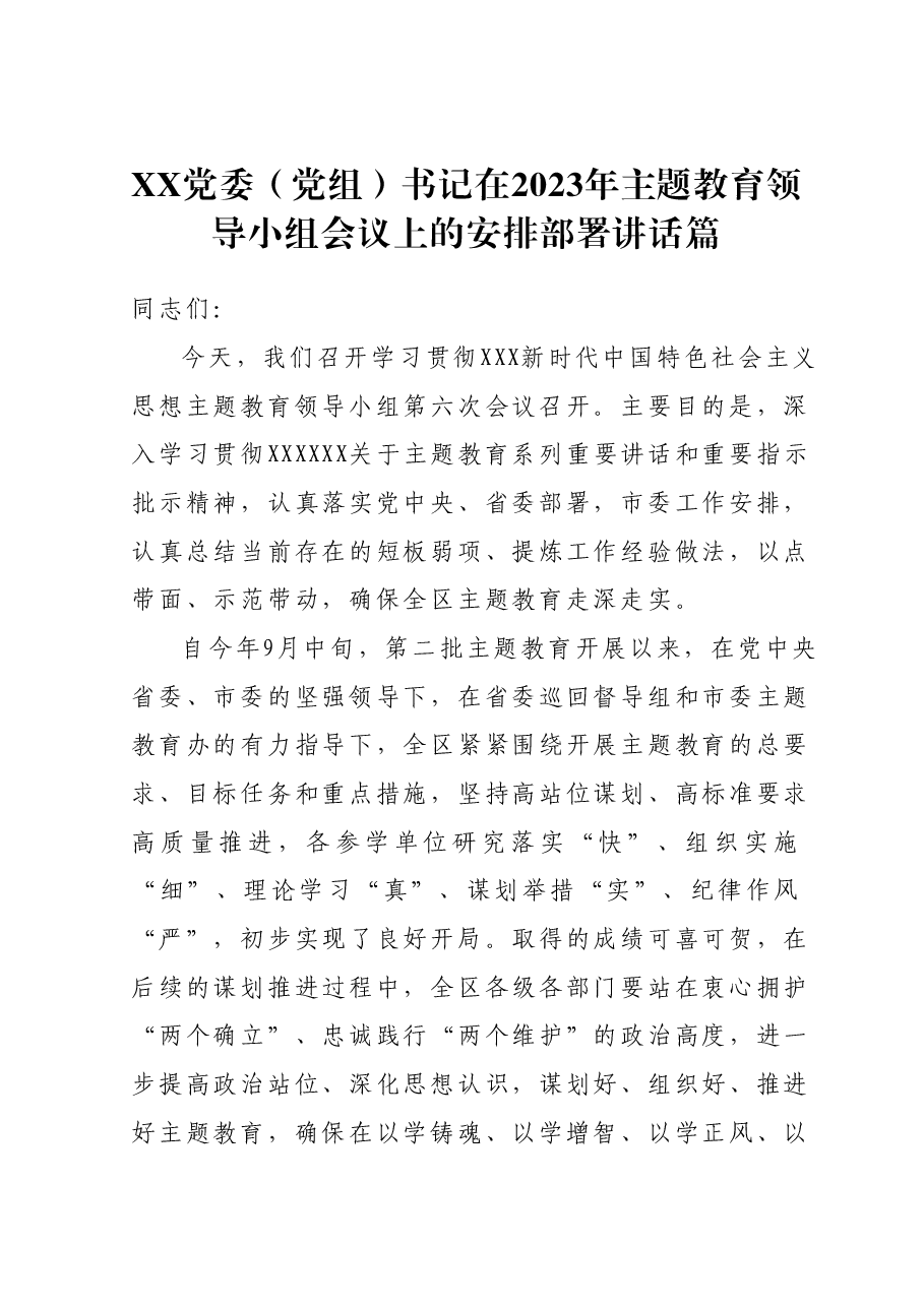XX党委(党组)书记在2023年主题教育领导小组会议上的安排部署讲话.docx,第1页预览