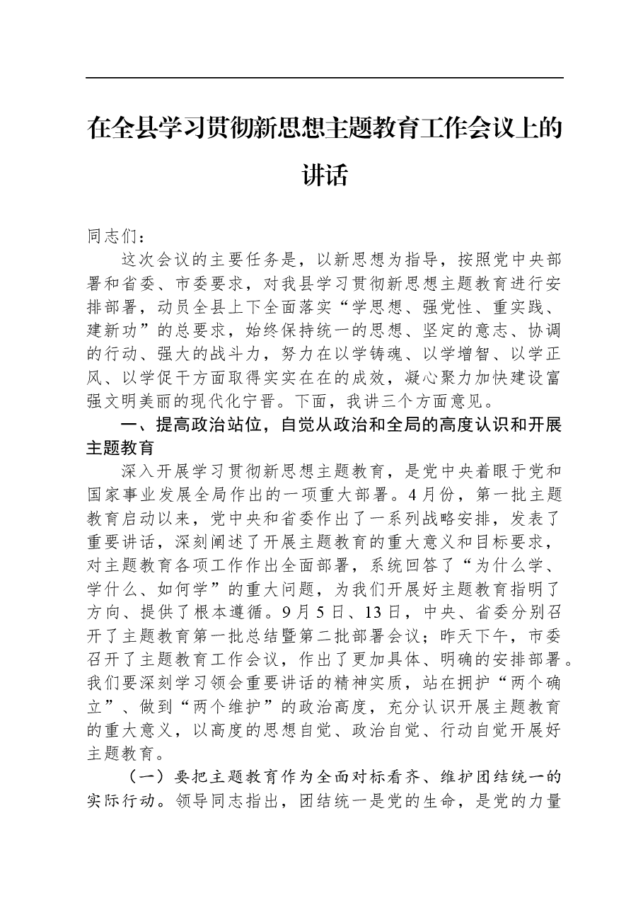 在全县学习贯彻新思想主题教育工作会议上的讲话.docx,第1页预览