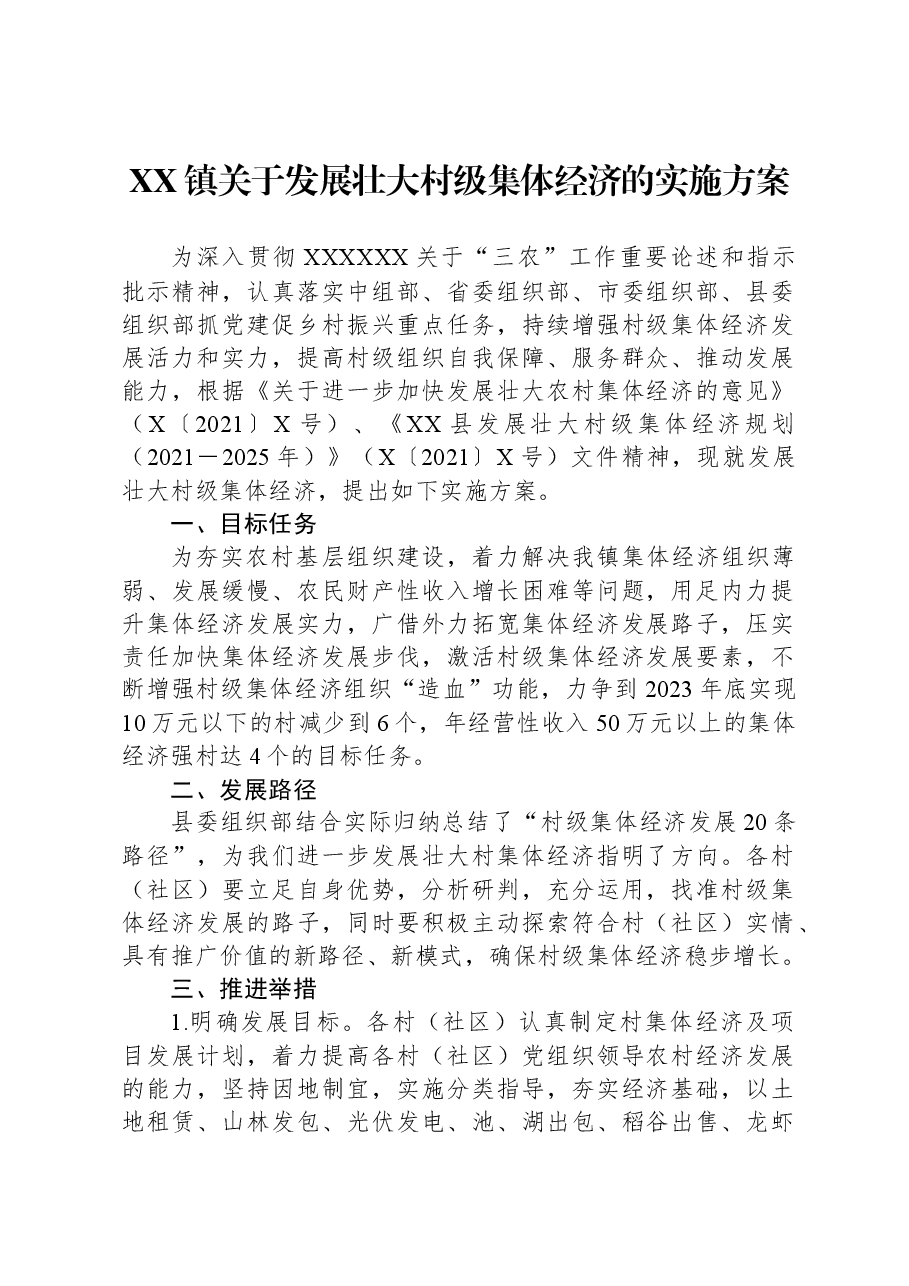 XX镇关于发展壮大村级集体经济的实施方案.docx,第1页预览
