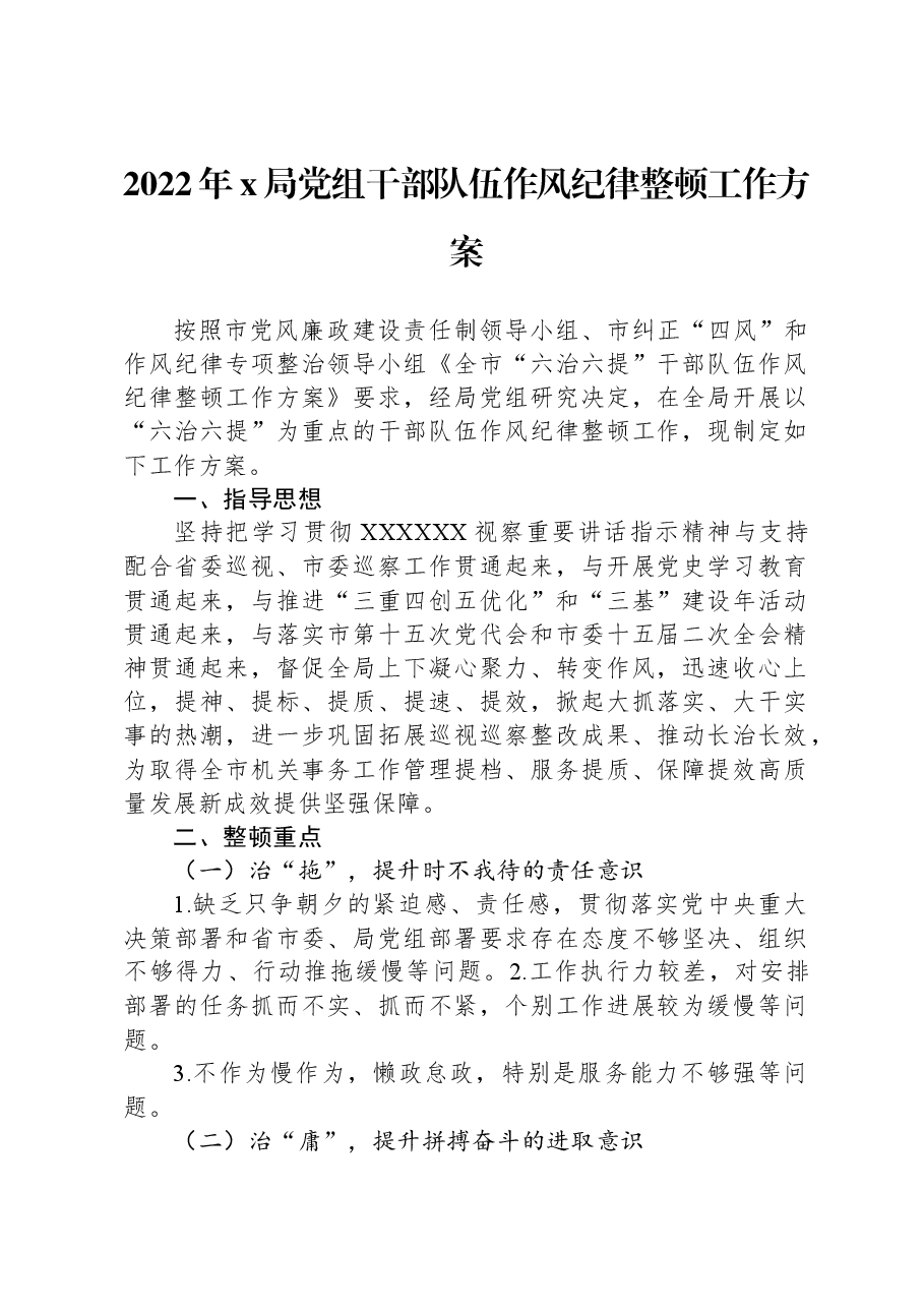 2022年x局党组干部队伍作风纪律整顿工作方案.docx,第1页预览
