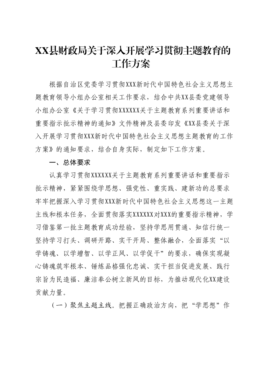 XX县财政局关于深入开展学习贯彻主题教育的工作方案.docx,第1页预览