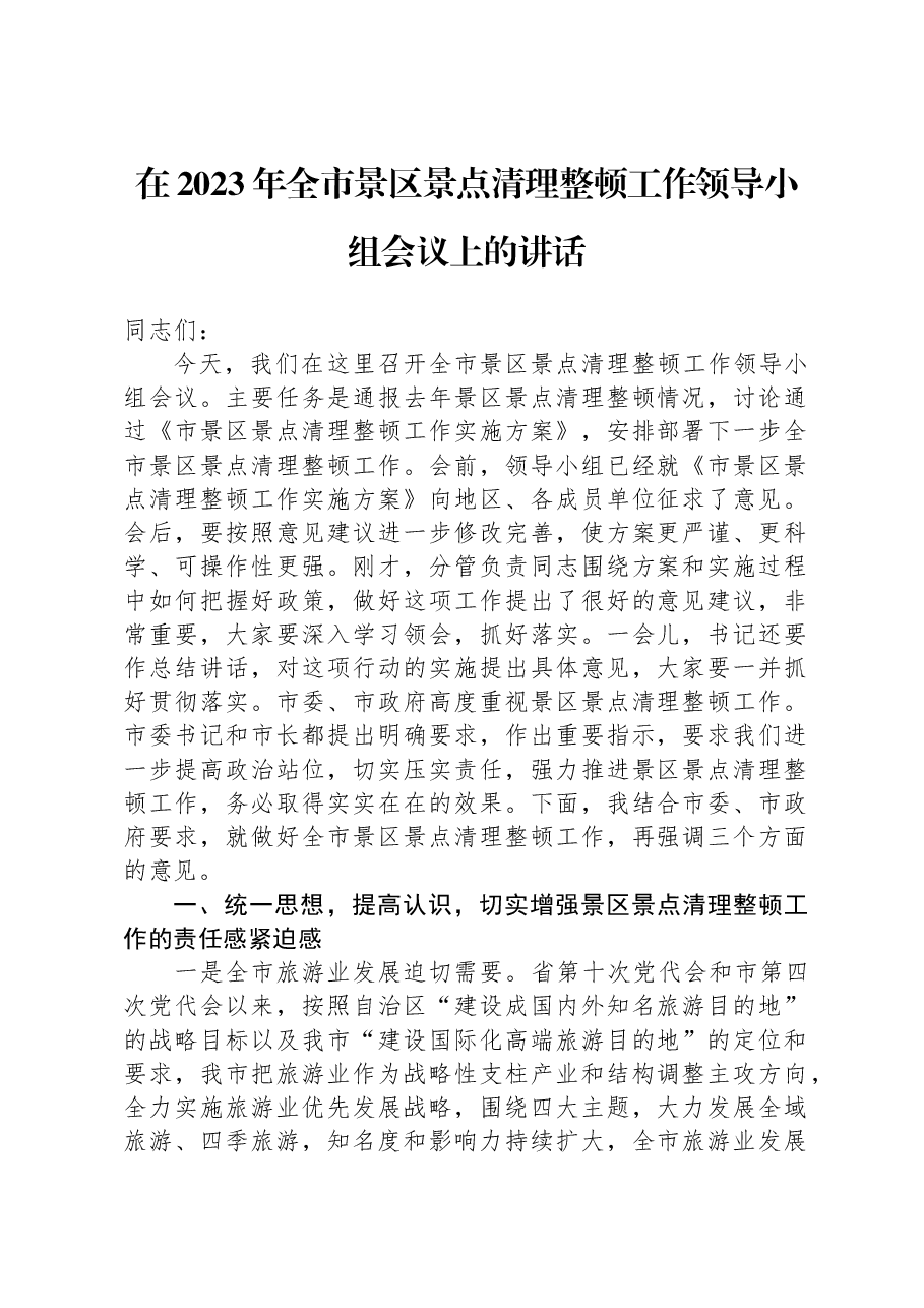 在2023年全市景区景点清理整顿工作领导小组会议上的讲话.docx,第1页预览