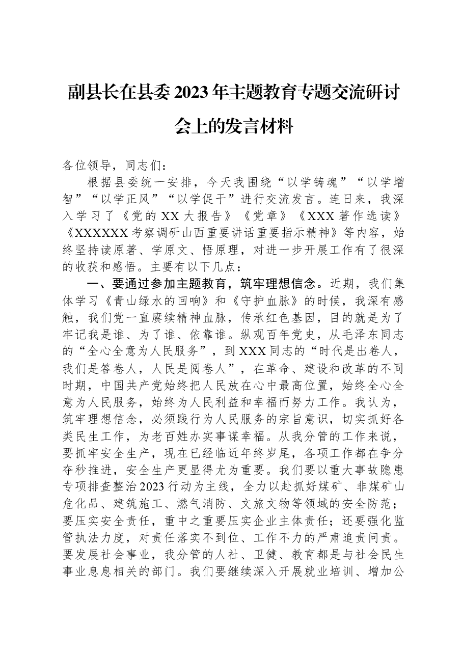 副县长在县委2023年主题教育专题交流研讨会上的发言材料.docx,第1页预览