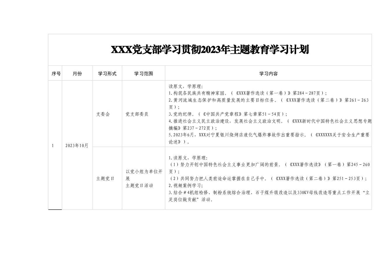 XXX党支部学习贯彻2023年主题教育学习计划.docx,第1页预览