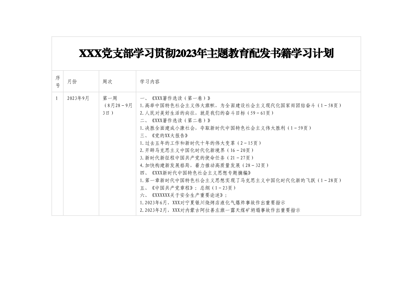 XXX党支部学习贯彻2023年主题教育配发书籍学习计划.docx，第1页预览