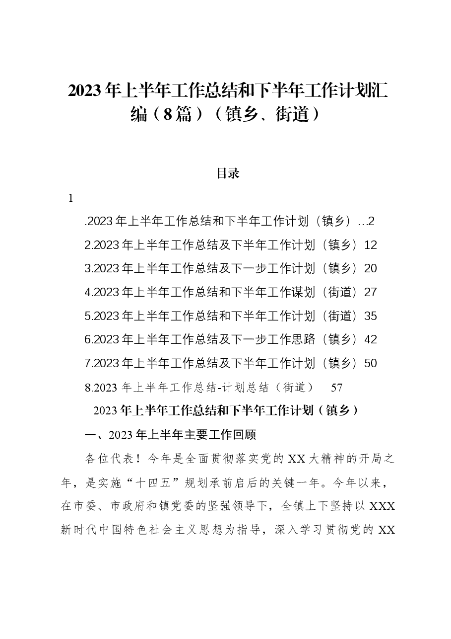 （8篇）2023年上半年工作总结和下半年工作计划汇编（镇乡、街道）.docx，第1页预览