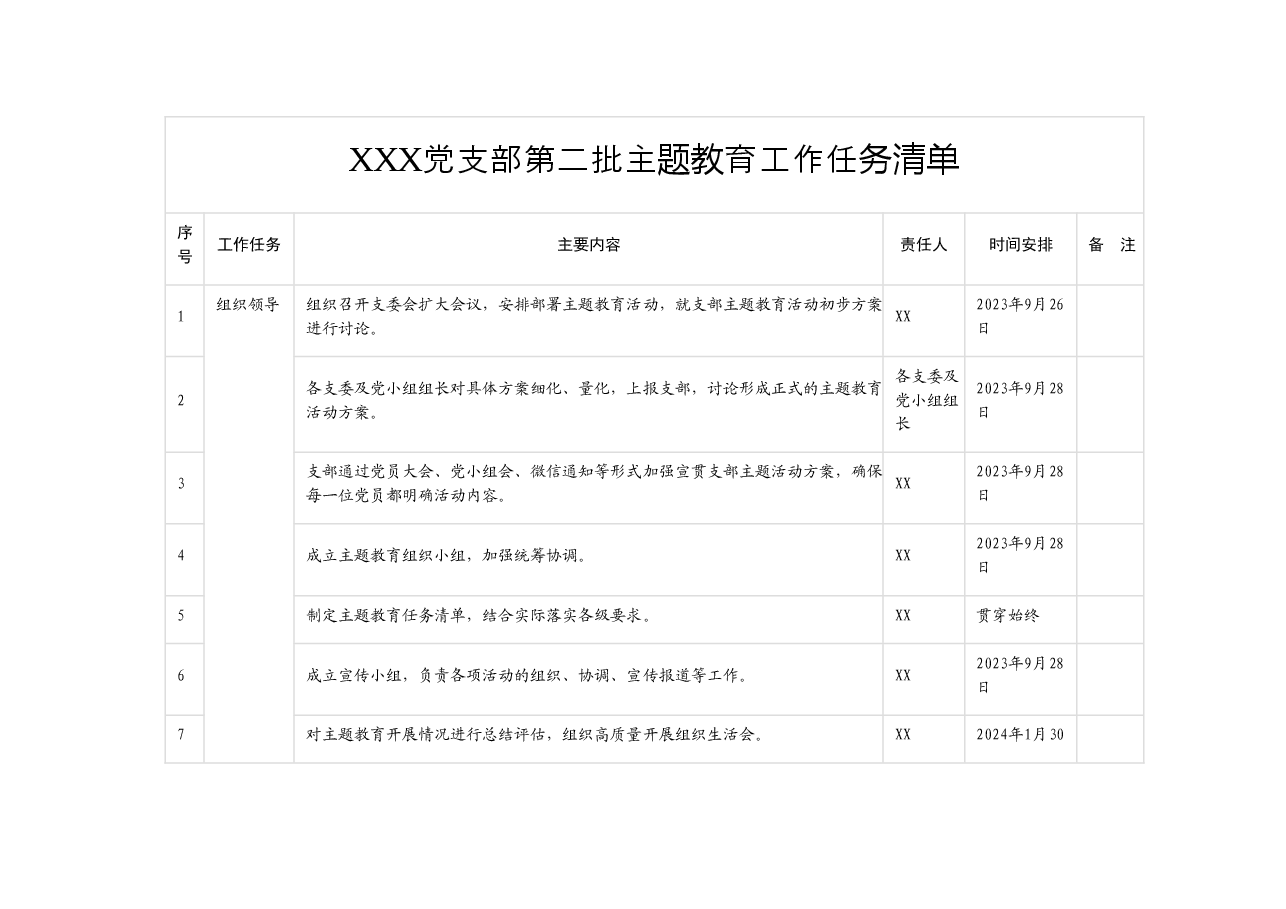 XXX党支部第二批主题教育工作任务清单.docx,第1页预览