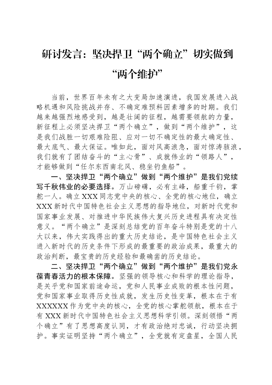 研讨发言:坚决捍卫“两个确立”,切实做到“两个维护”.docx,第1页预览