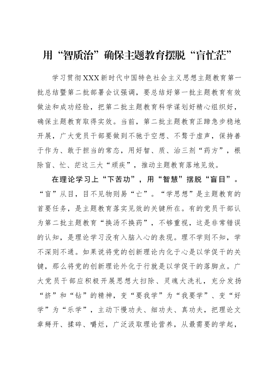 2023年主题教育心得体会:用“智质治”确保主题教育摆脱“盲忙茫”.docx,第1页预览