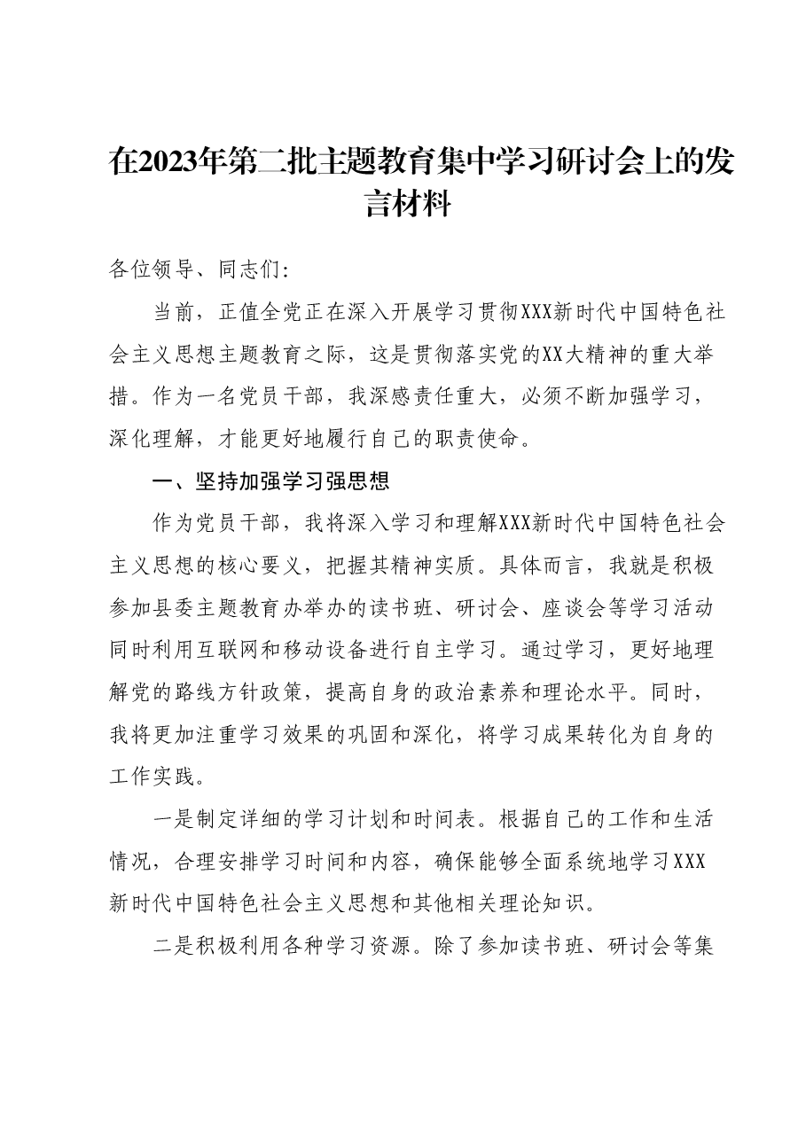 在2023年第二批主题教育集中学习研讨会上的发言材料.docx,第1页预览
