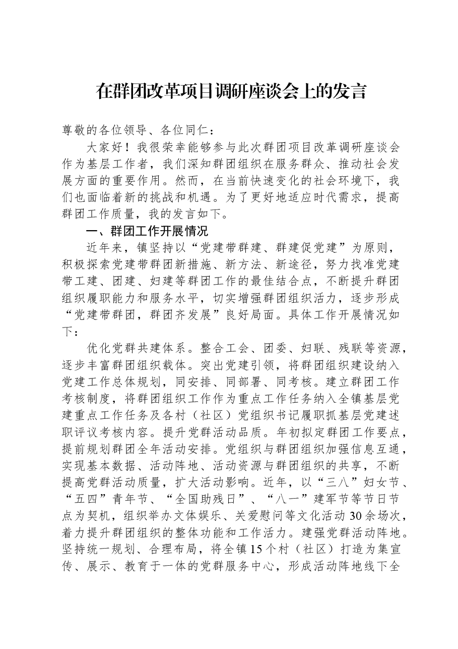 在群团改革项目调研座谈会上的发言.docx,第1页预览