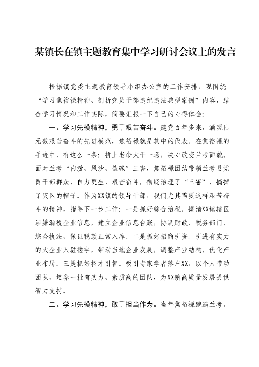某镇长在镇主题教育集中学习研讨会议上的发言.docx,第1页预览