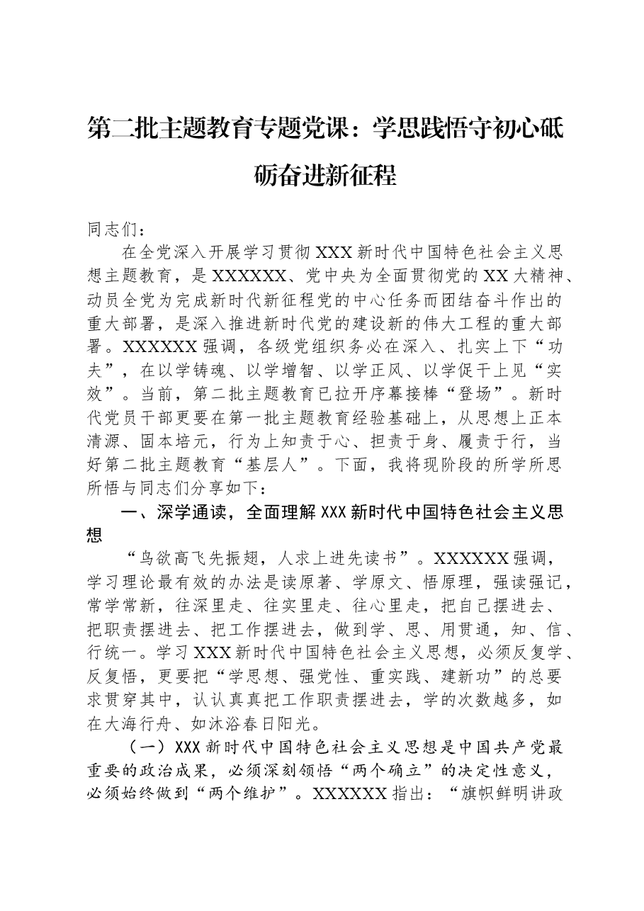 第二批主题教育专题党课：学思践悟守初心+砥砺奋进新征程.docx，第1页预览
