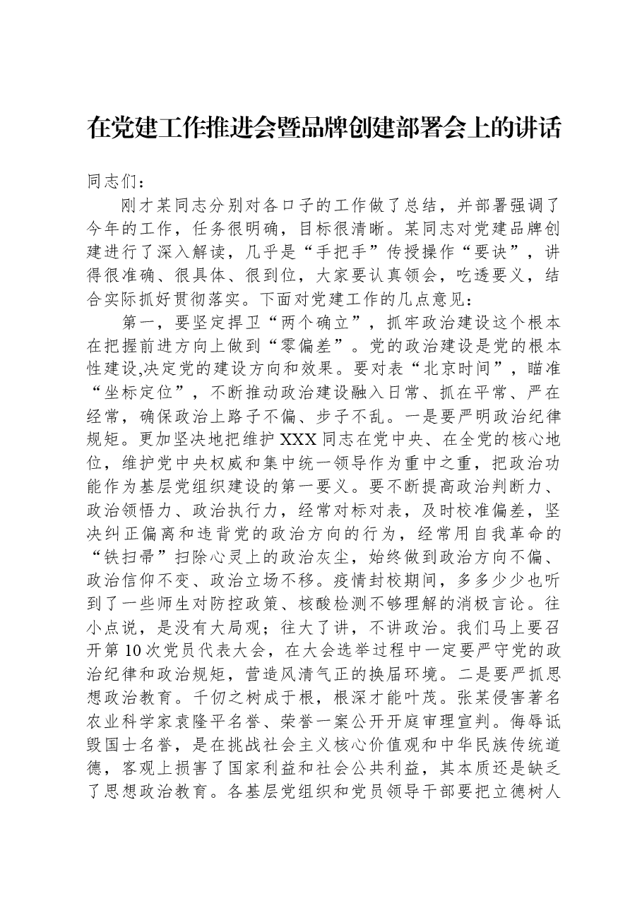 在党建工作推进会暨品牌创建部署会上的讲话.docx，第1页预览