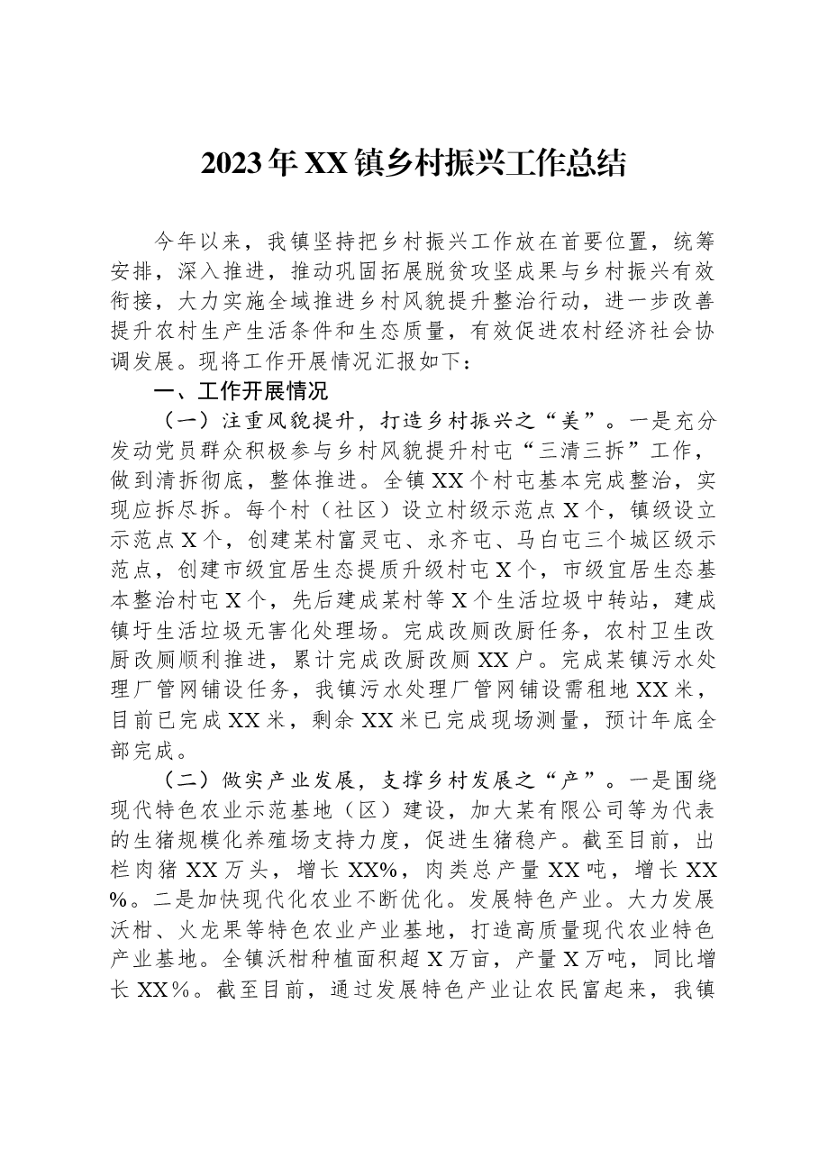 2023年XX镇乡村振兴工作总结.docx,第1页预览