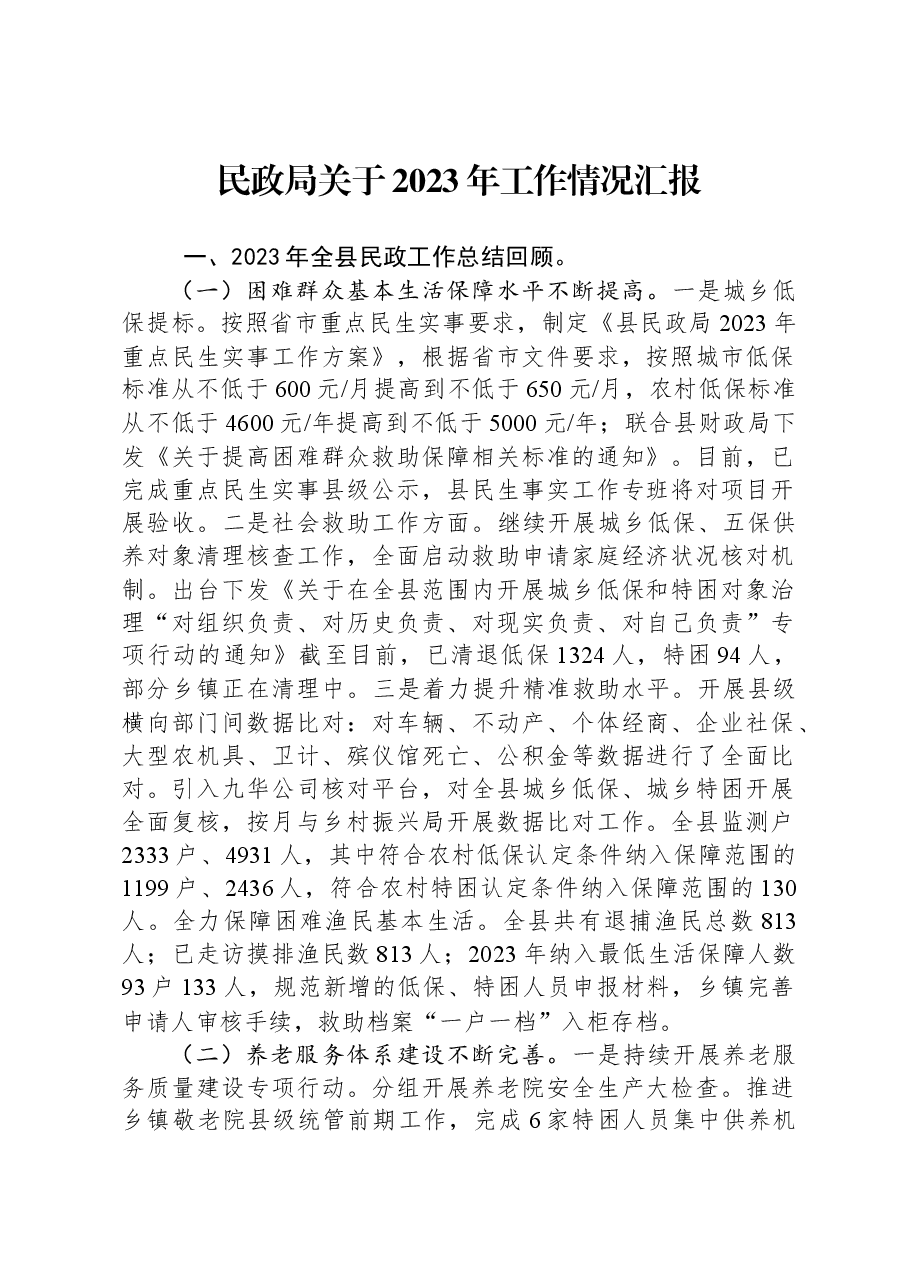 民政局关于2023年工作情况汇报.docx,第1页预览