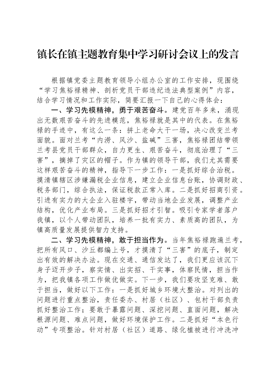 镇长在镇主题教育集中学习研讨会议上的发言.docx,第1页预览