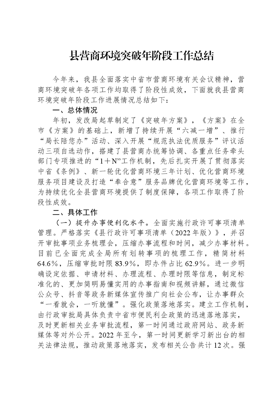 县营商环境突破年阶段工作总结.docx,第1页预览