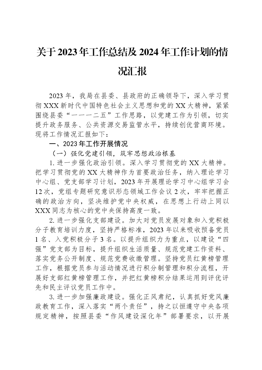 关于2023年工作总结及2024年工作计划的情况汇报.docx，第1页预览