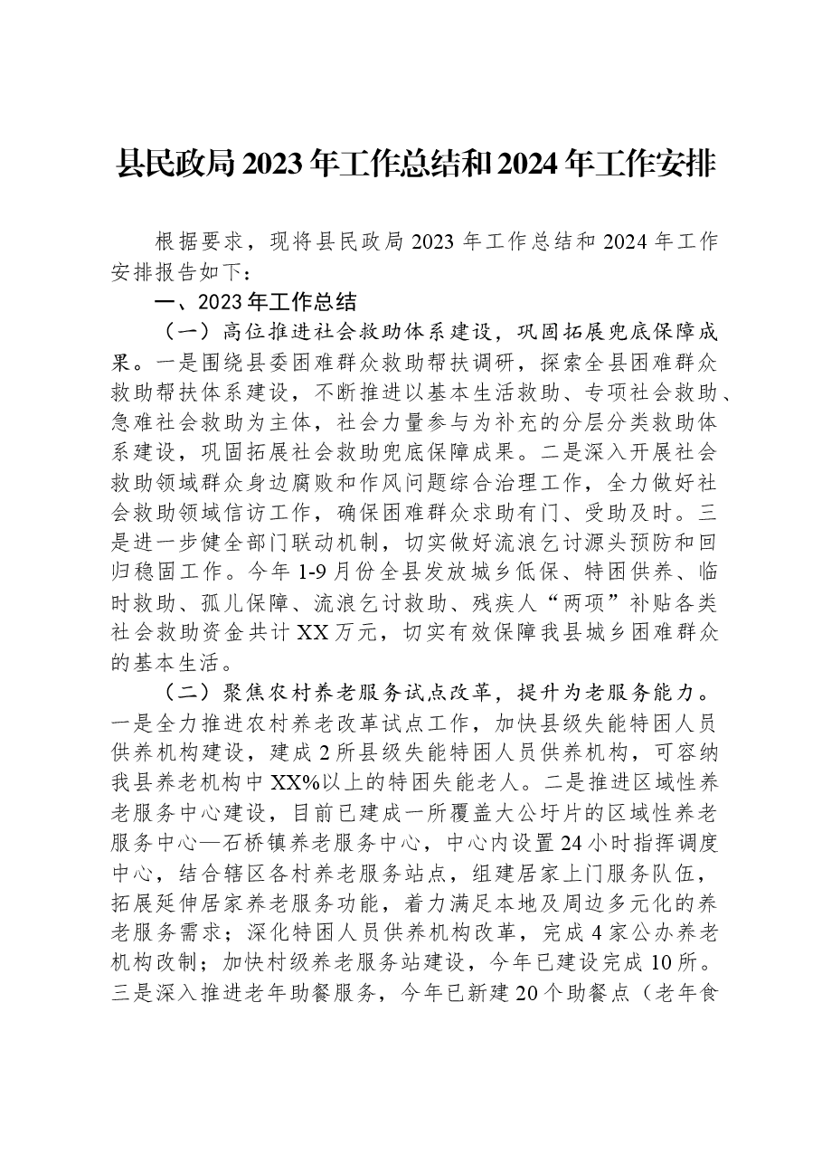 县民政局2023年工作总结和2024年工作安排.docx,第1页预览