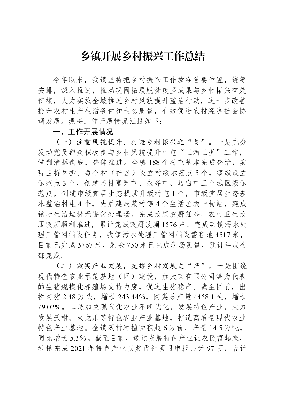 乡镇开展乡村振兴工作总结.docx,第1页预览
