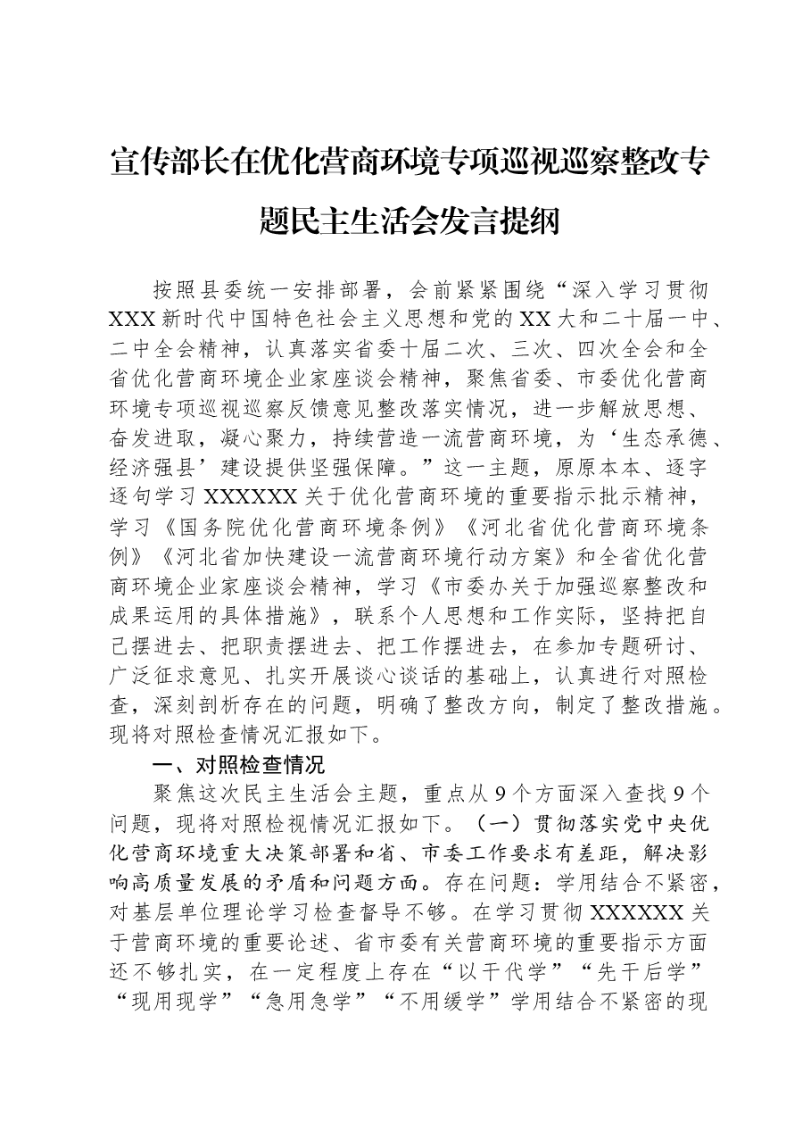 宣传部长在优化营商环境专项巡视巡察整改专题民主生活会发言提纲.docx,第1页预览