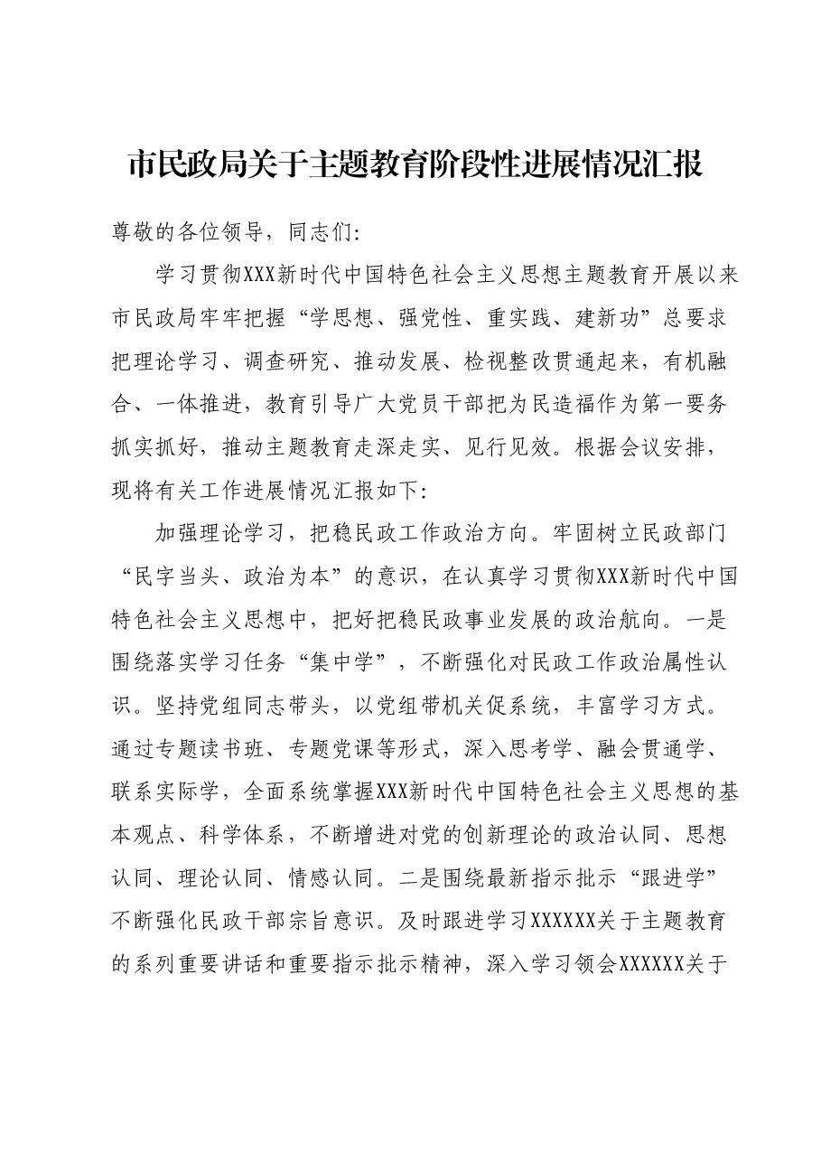 市民政局关于主题教育阶段性进展情况汇报.docx,第1页预览