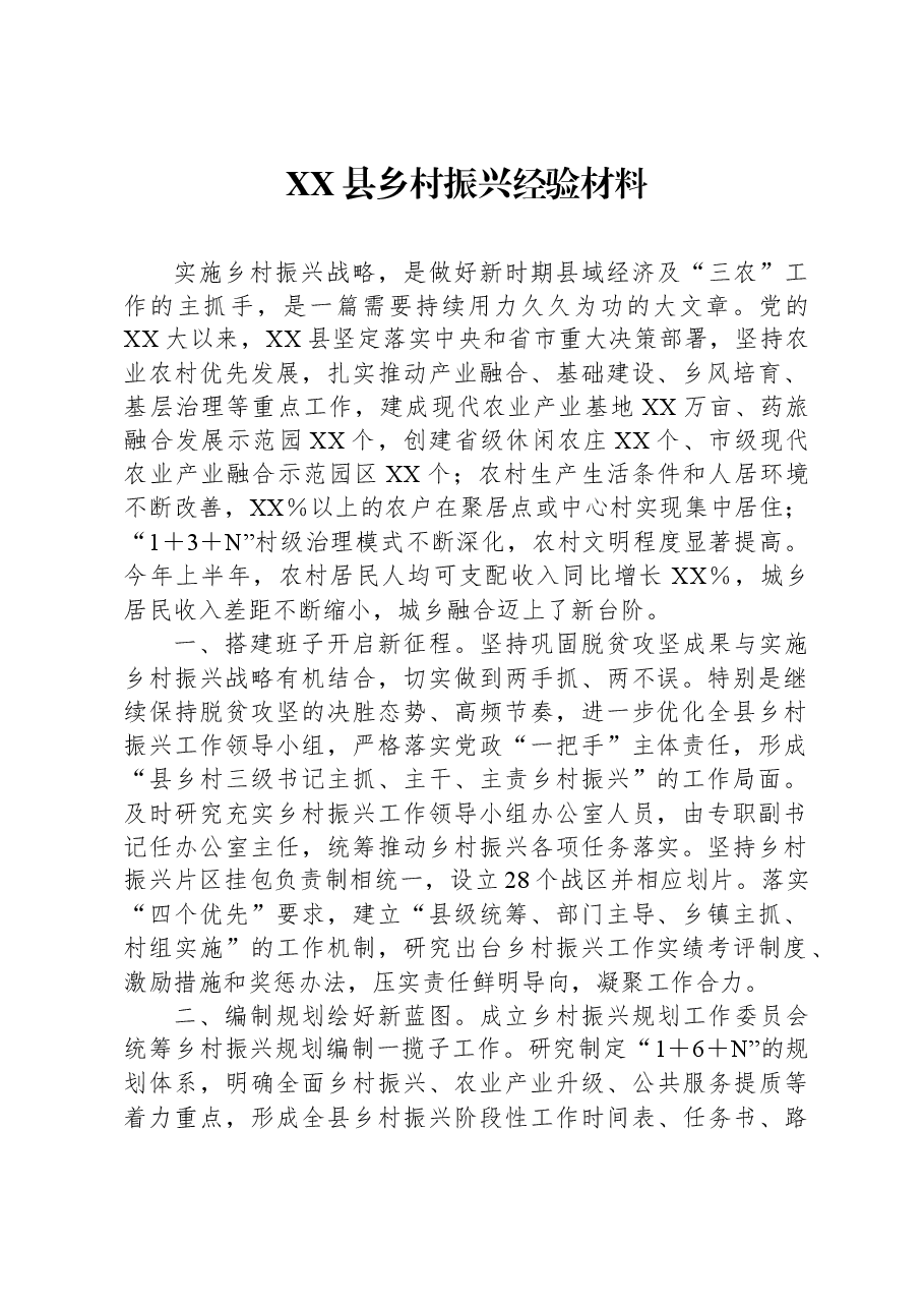 XX县乡村振兴经验材料.docx,第1页预览