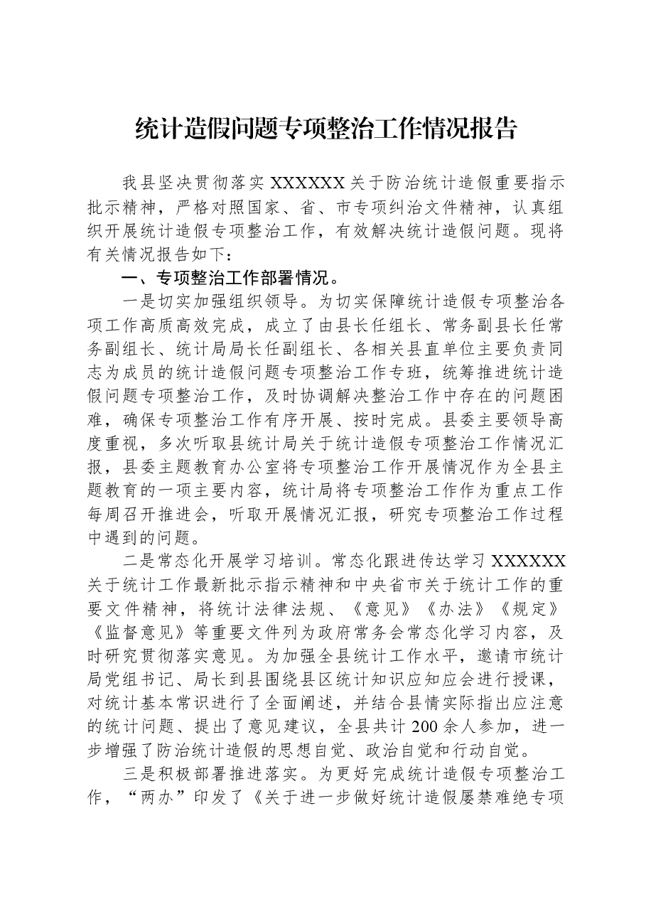 统计造假问题专项整治工作情况报告.docx,第1页预览