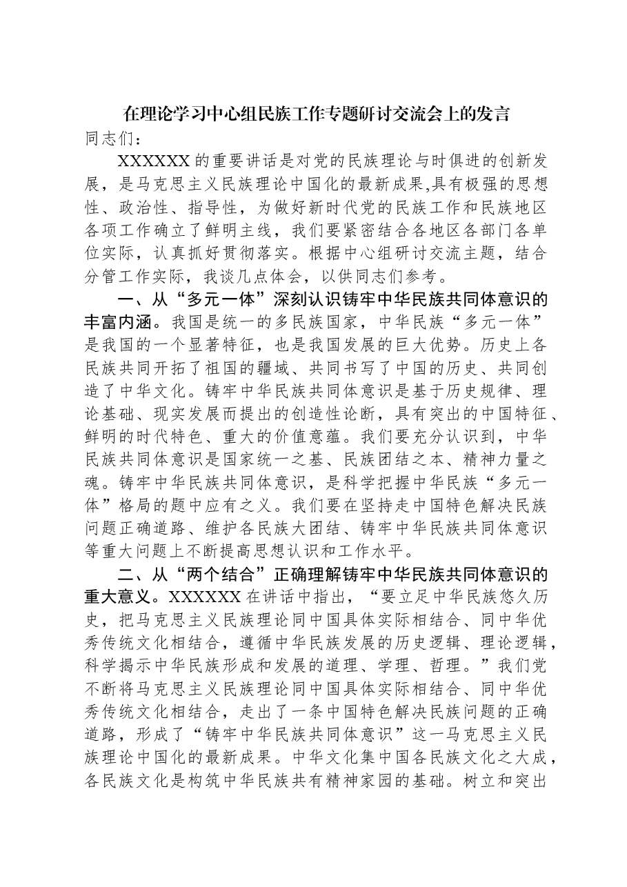 在理论学习中心组民族工作专题研讨交流会上的发言.docx,第1页预览