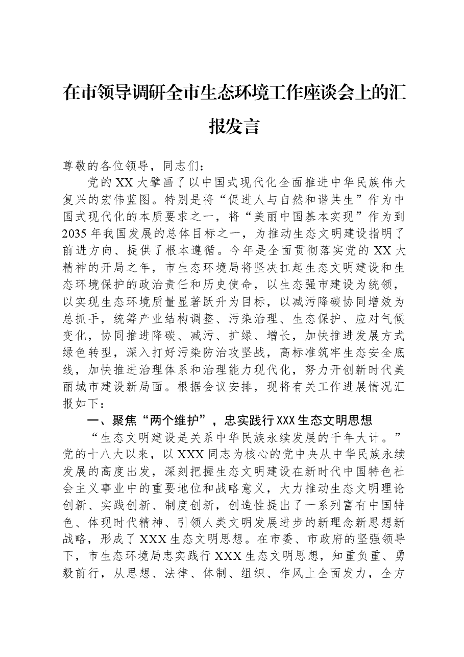 在市领导调研全市生态环境工作座谈会上的汇报发言.docx,第1页预览