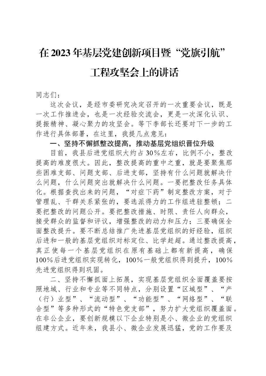 在2023年基层党建创新项目暨“党旗引航”工程攻坚会上的讲话.docx,第1页预览