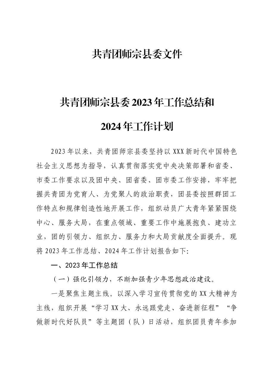 共青团师宗县委2023年度工作总结、2024年度工作计划.docx,第1页预览