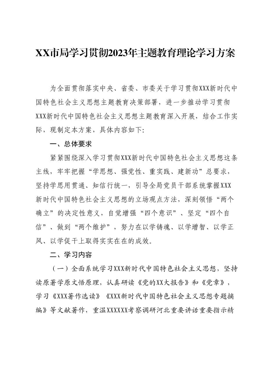 XX市局学习贯彻2023年主题教育理论学习方案.docx，第1页预览
