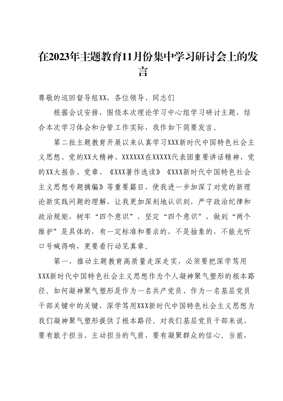 在2023年主题教育11月份集中学习研讨会上的发言.docx，第1页预览