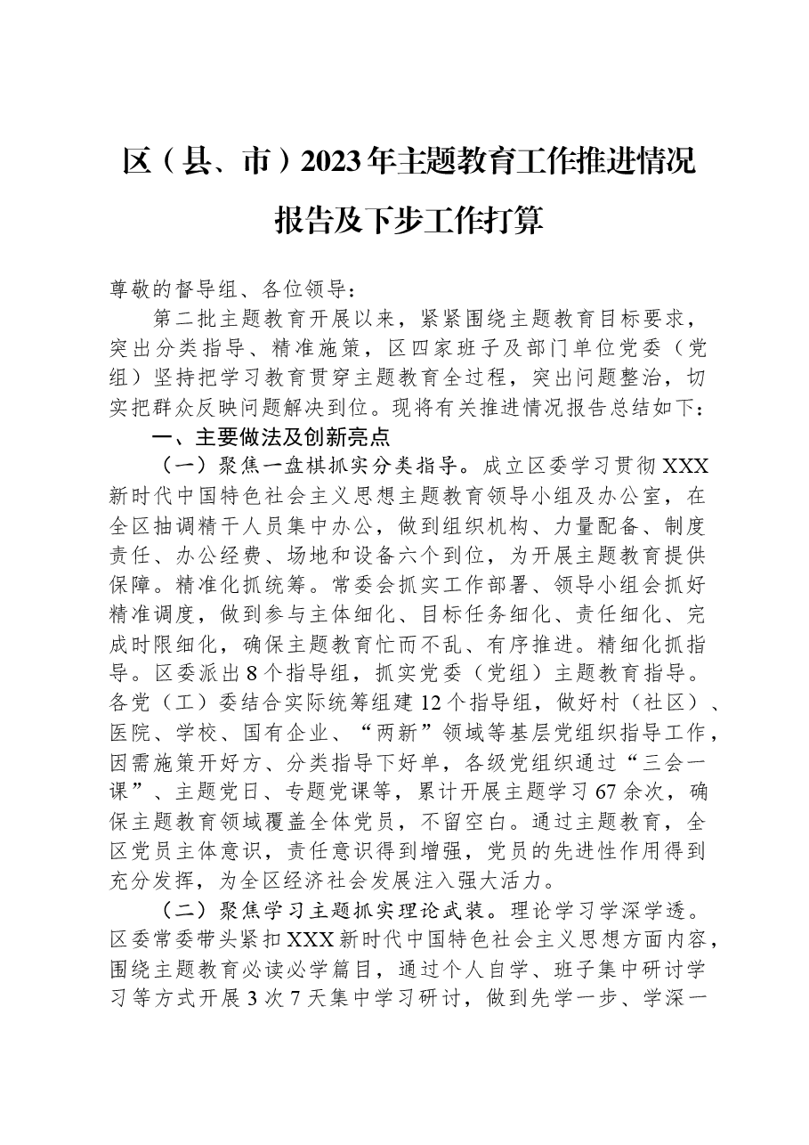 区(县、市)2023年主题教育工作推进情况报告及下步工作打算.docx,第1页预览