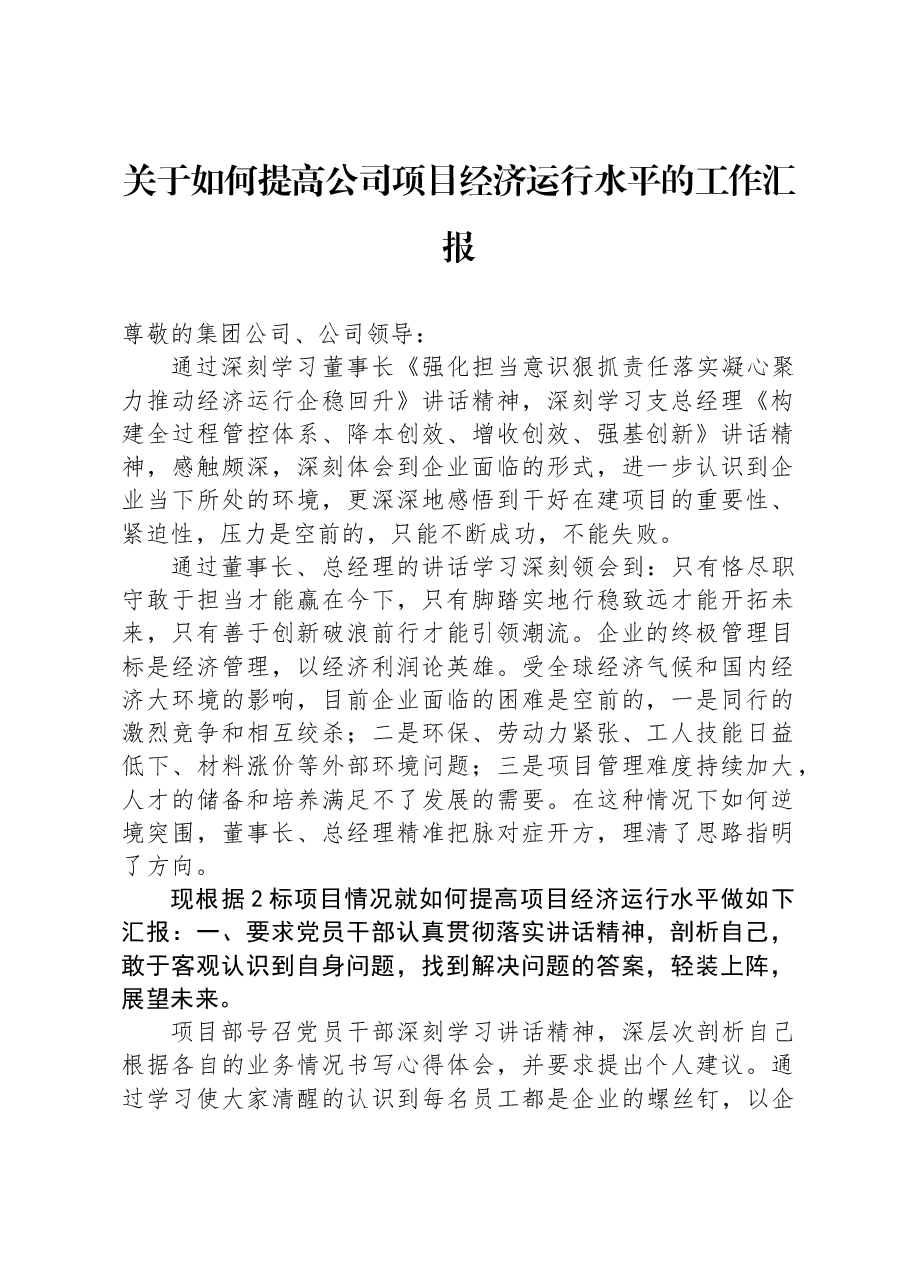 关于如何提高公司项目经济运行水平的工作汇报.docx，第1页预览
