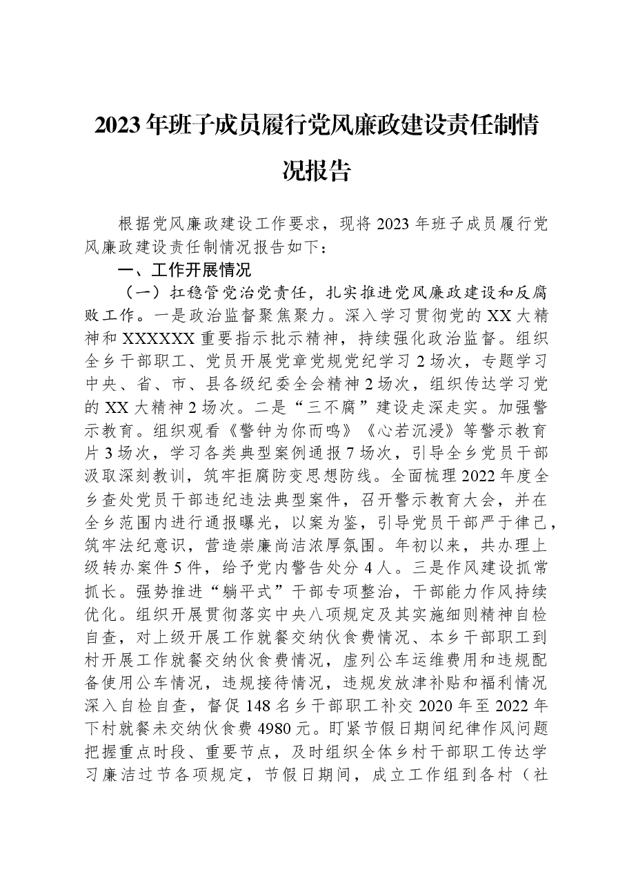 2023年班子成员履行党风廉政建设责任制情况报告.docx,第1页预览