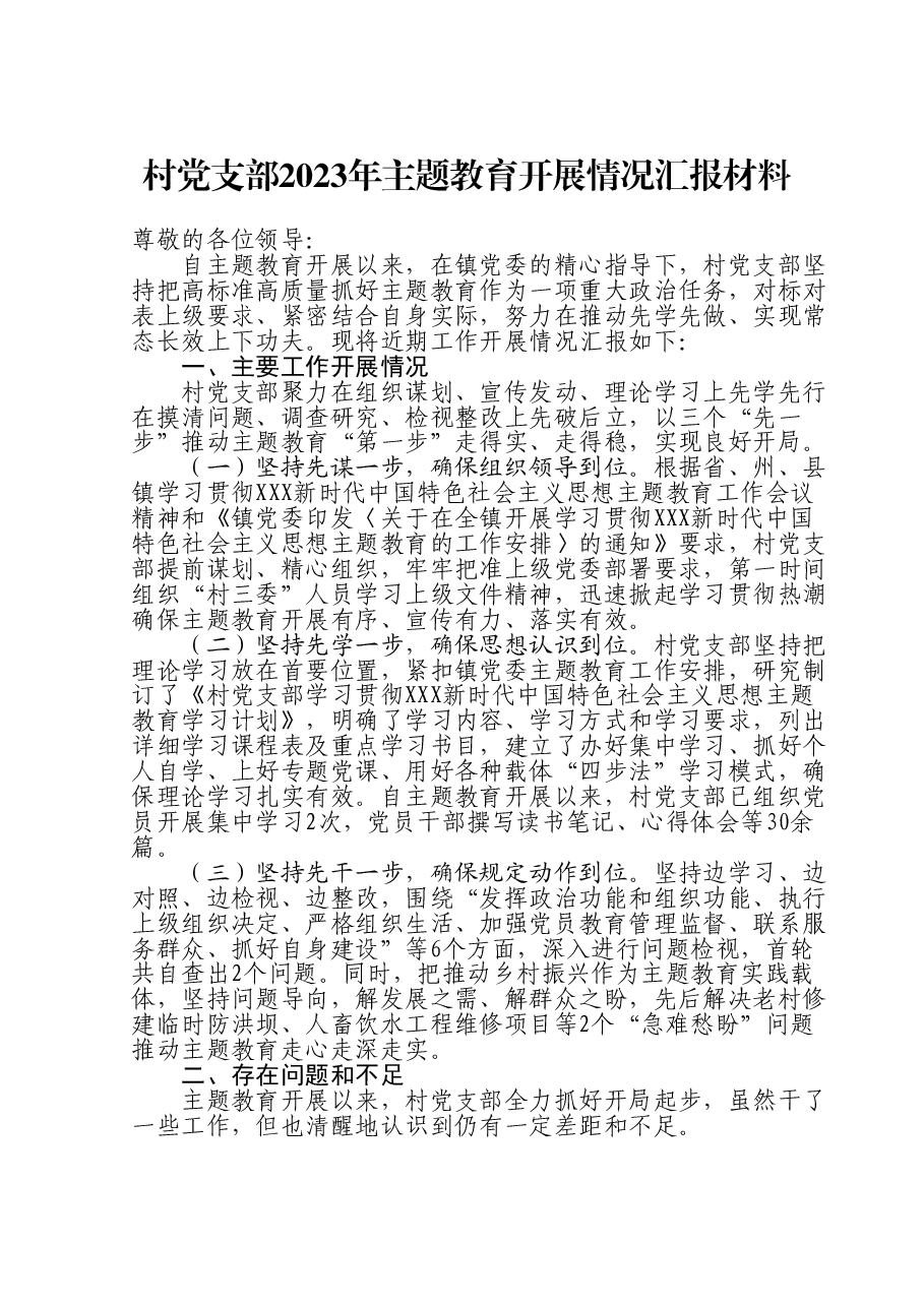 村党支部2023年主题教育开展情况汇报材料.doc,第1页预览