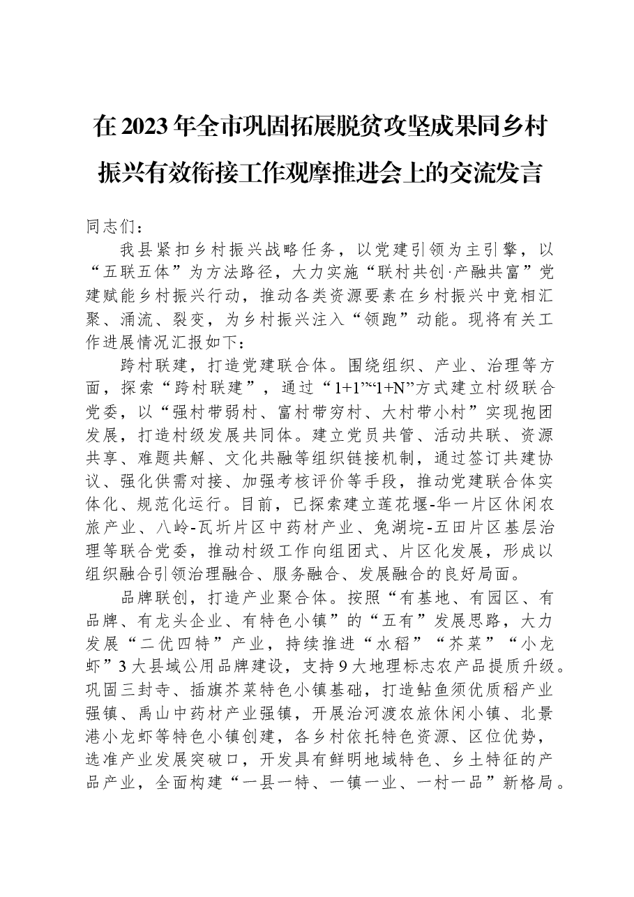 在2023年全市巩固拓展脱贫攻坚成果同乡村振兴有效衔接工作观摩推进会上的交流发言.docx,第1页预览