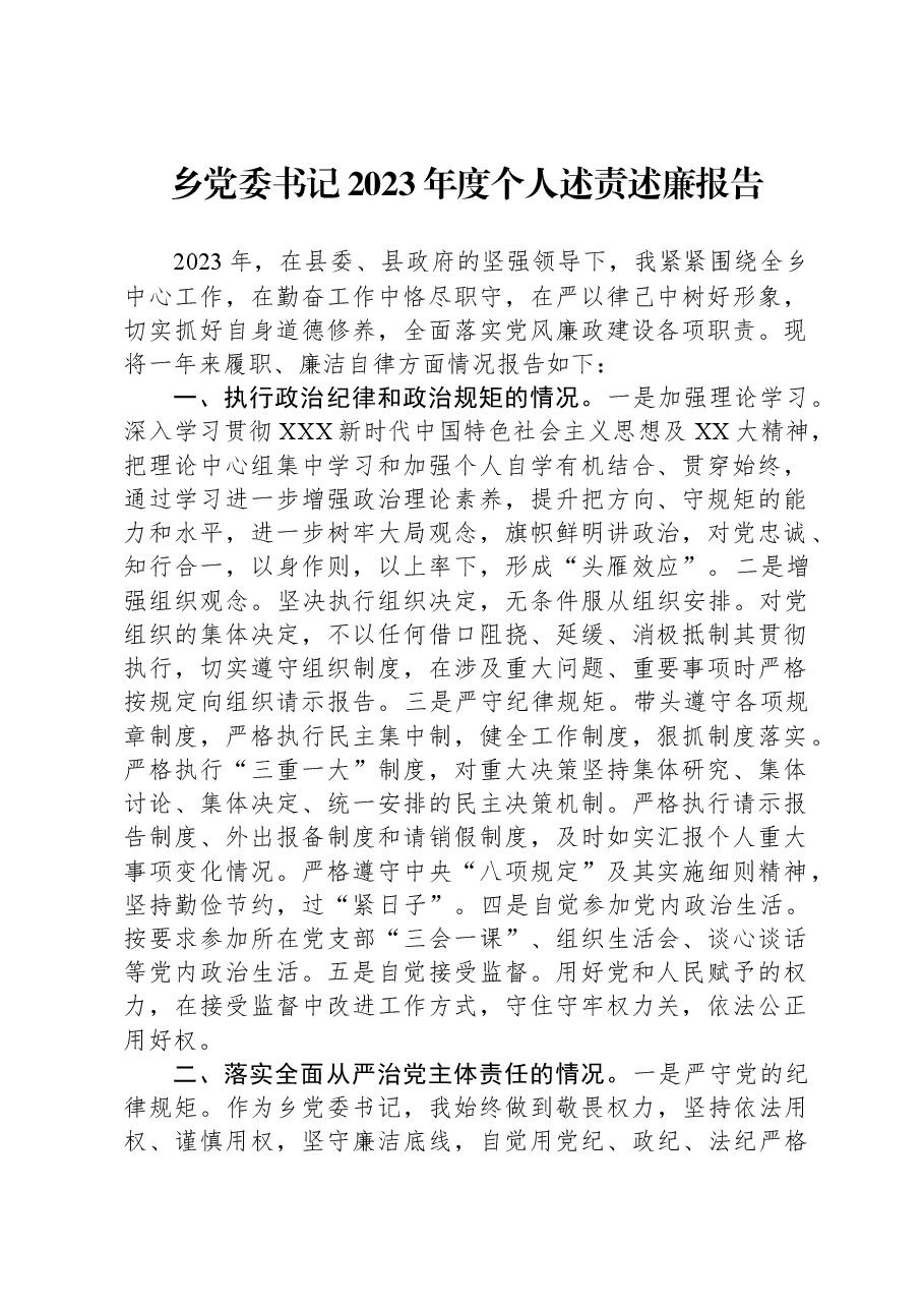 乡党委书记2023年度个人述责述廉报告.docx,第1页预览