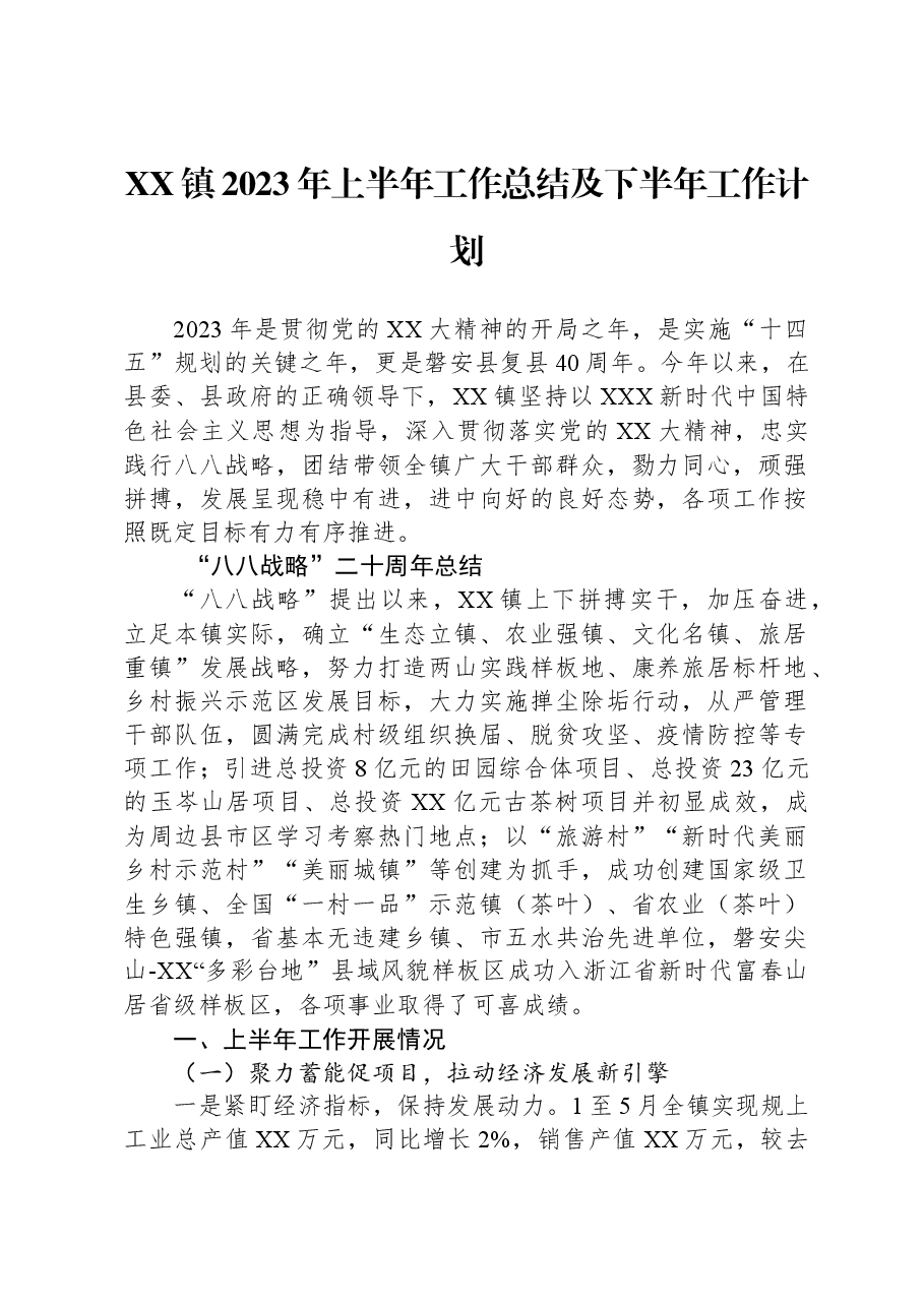 XX镇2023年上半年工作总结及下半年工作计划00.docx,第1页预览