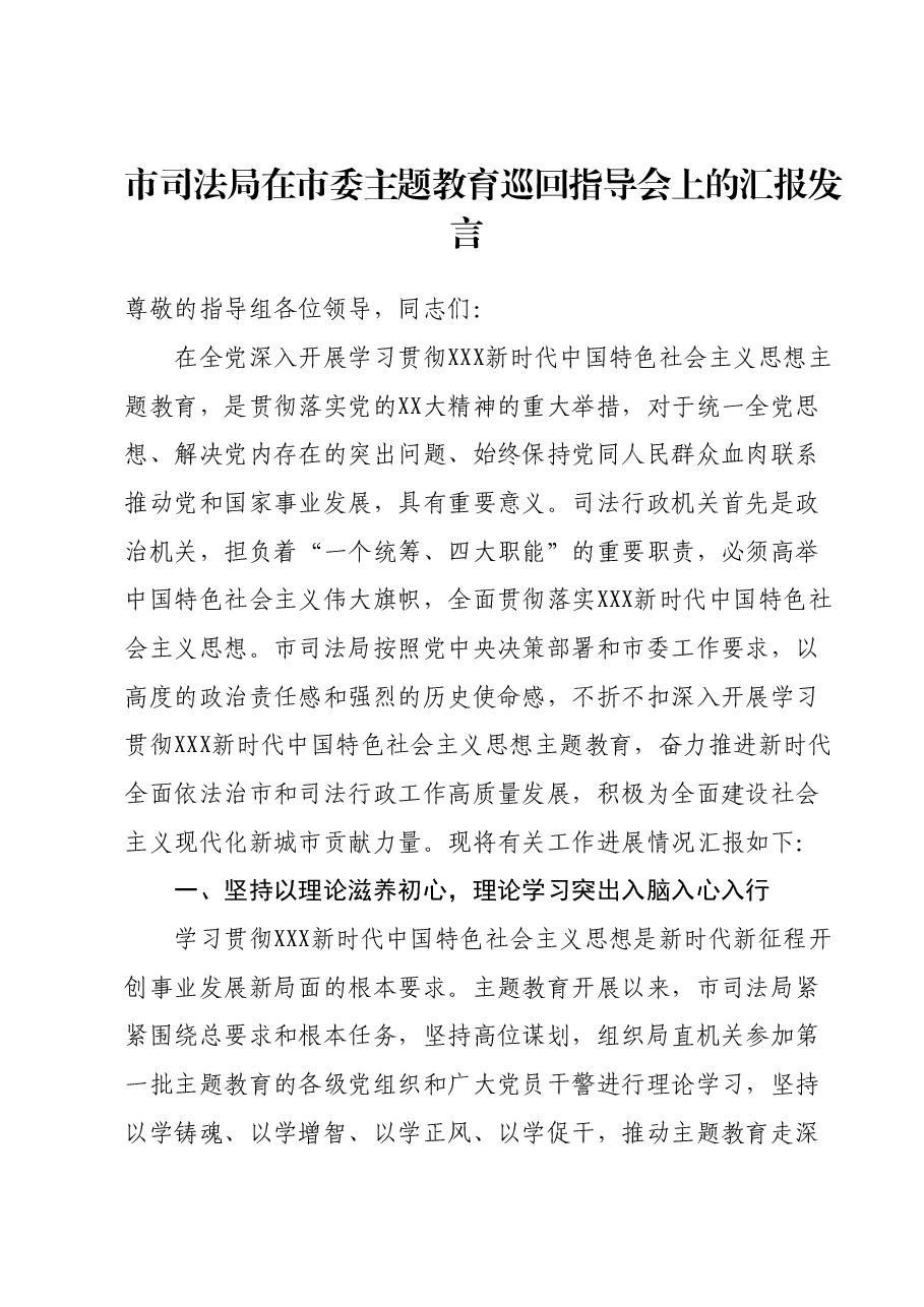市司法局在市委主题教育巡回指导会上的汇报发言.docx，第1页预览