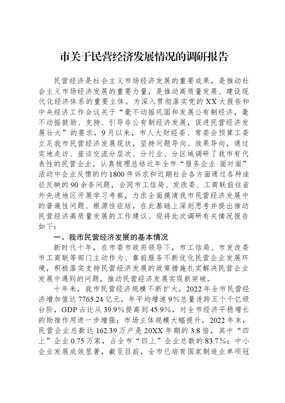 市关于民营经济发展情况的调研报告.docx,第1页预览