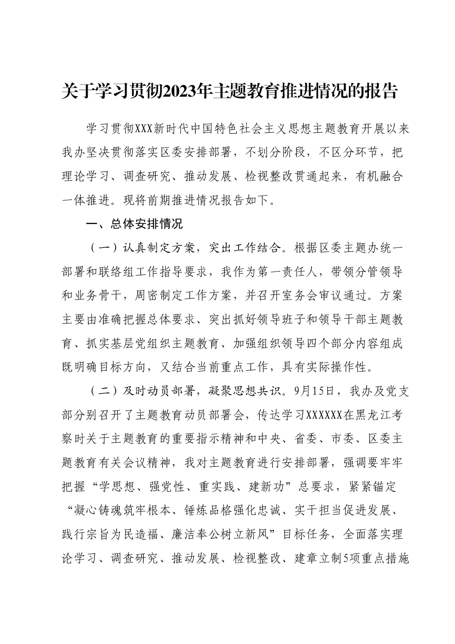 关于学习贯彻2023年主题教育推进情况的报告.docx，第1页预览